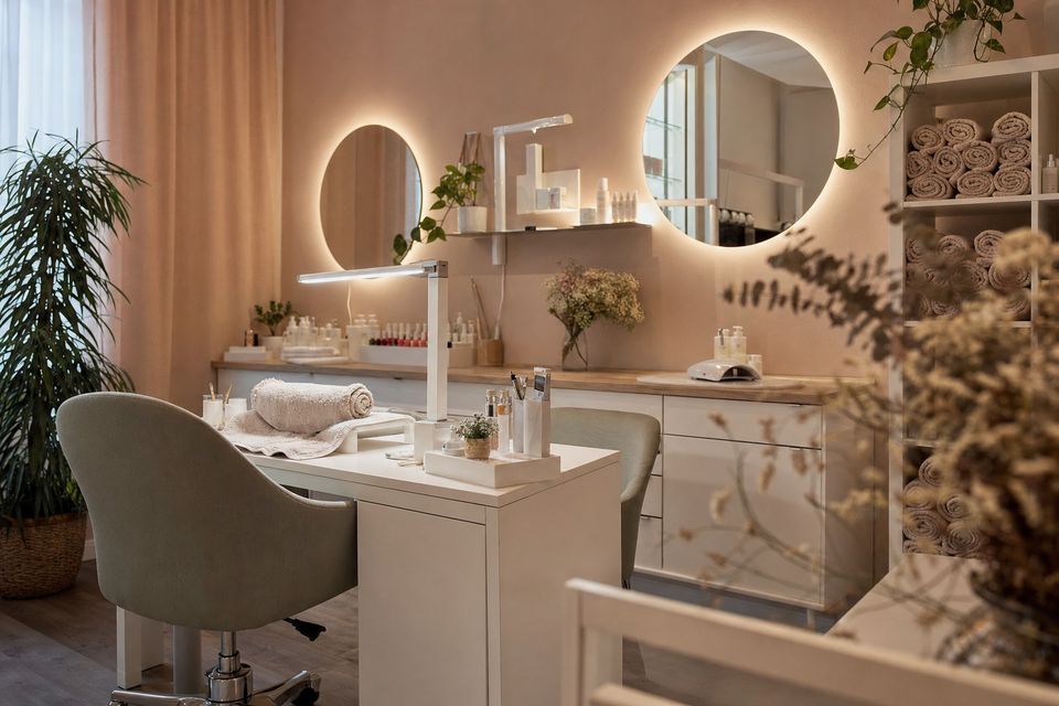 the room seen from a different angle, detail of the working area, chairs and mirrors, no people